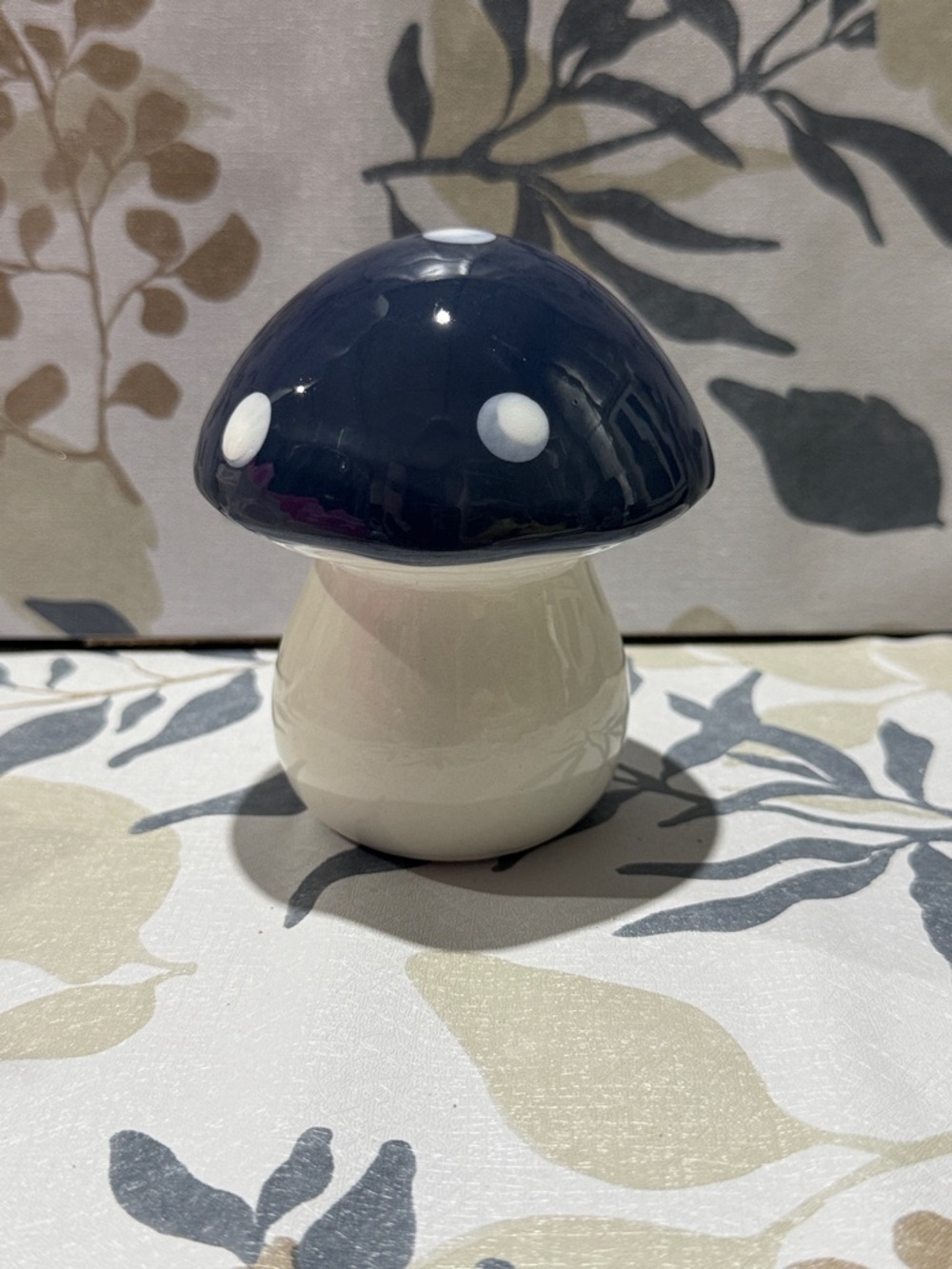 Ceramic Mushroom Accent Figurine - Navy Top with White Dots